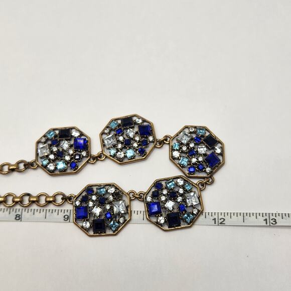 J Crew Gold Tone Blue Rhinestone Panel Chain Necklace Adjustable Art Deco Style - Picture 4 of 5